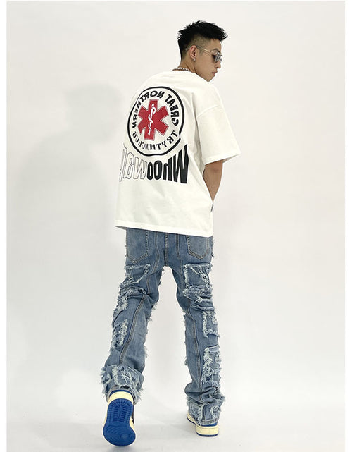 Load image into Gallery viewer, Washed Cat Beard Harlan Patch Jeans Men's Distressed Skinny Pants