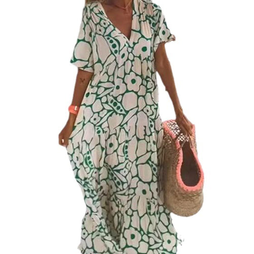 Load image into Gallery viewer, Women's Printed Short-sleeved Deep V-neck Long Dress