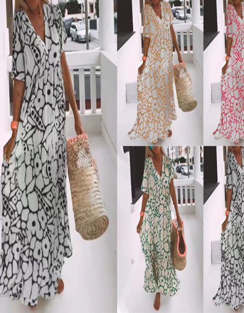 Load image into Gallery viewer, Women's Printed Short-sleeved Deep V-neck Long Dress