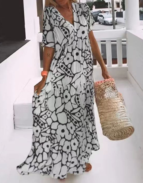Load image into Gallery viewer, Women's Printed Short-sleeved Deep V-neck Long Dress