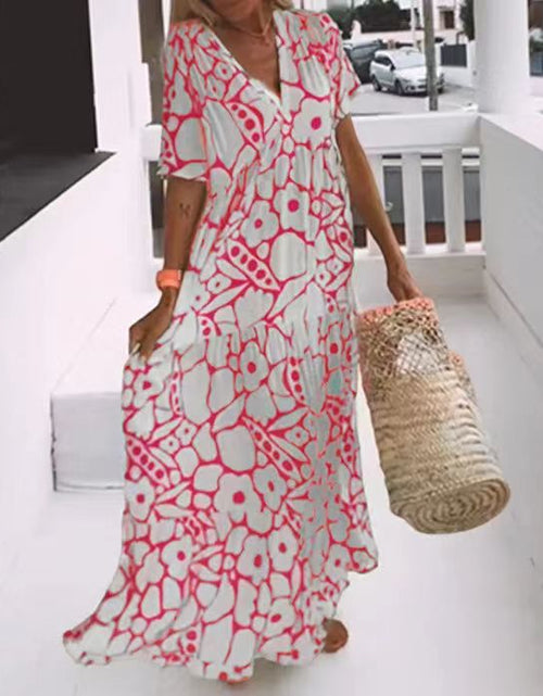 Load image into Gallery viewer, Women's Printed Short-sleeved Deep V-neck Long Dress