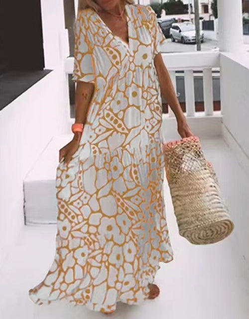Load image into Gallery viewer, Women's Printed Short-sleeved Deep V-neck Long Dress