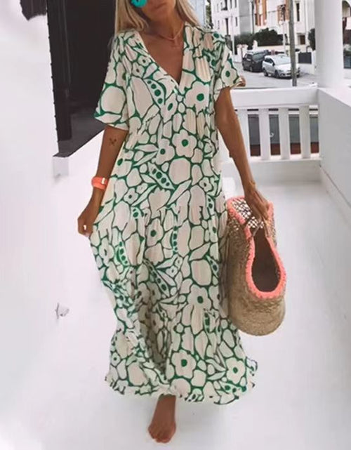 Load image into Gallery viewer, Women's Printed Short-sleeved Deep V-neck Long Dress
