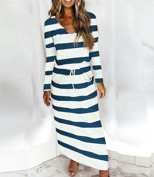 Load image into Gallery viewer, Women Casual Dress Spaghetti Long Sleeve Dress V Neck Splicing Dress