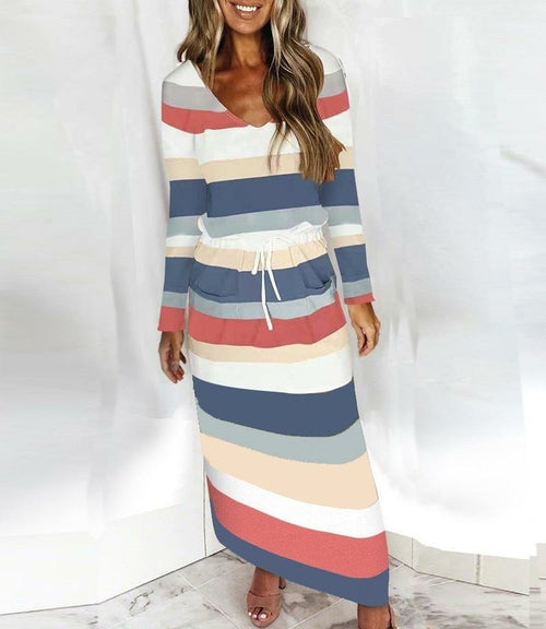 Load image into Gallery viewer, Women Casual Dress Spaghetti Long Sleeve Dress V Neck Splicing Dress