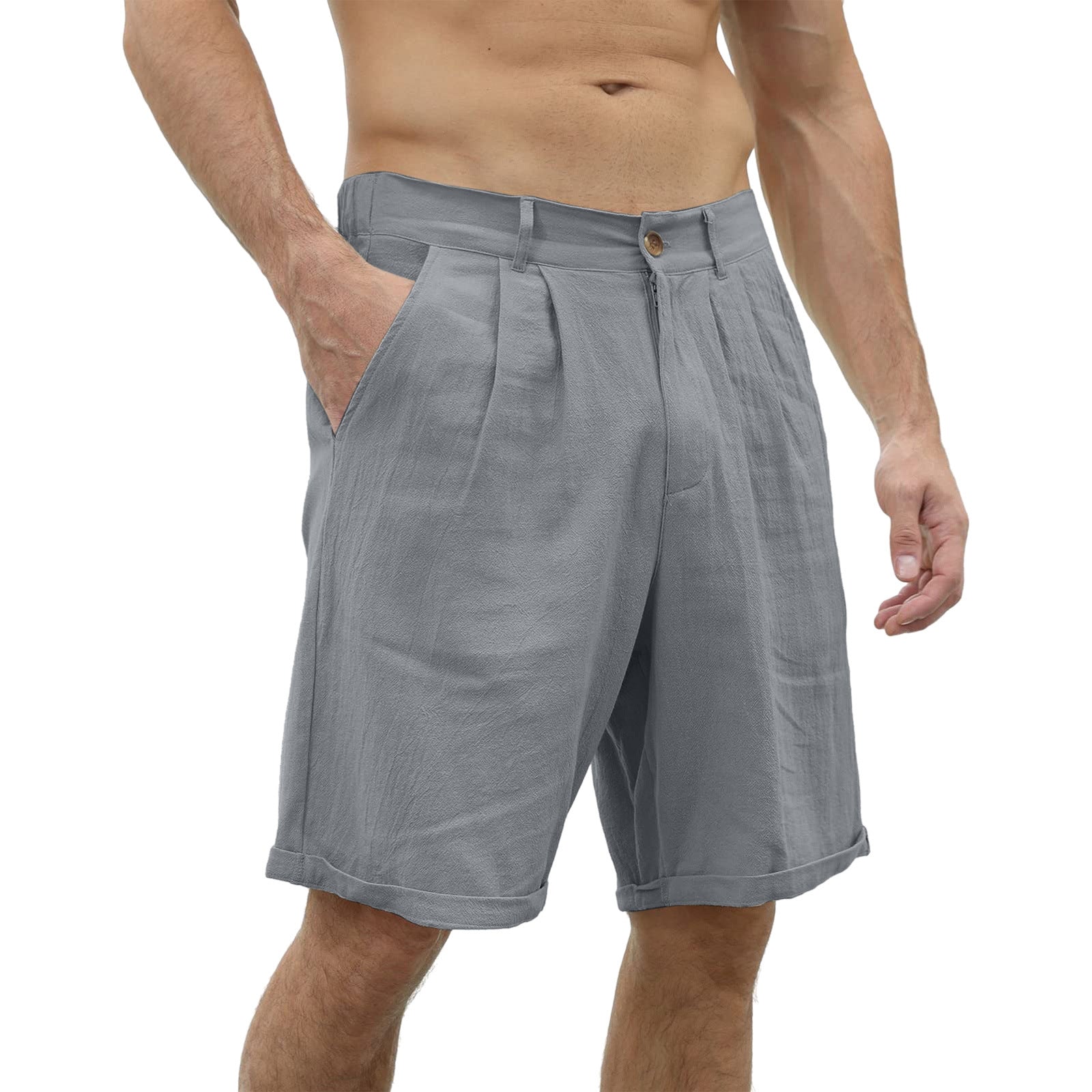 Men's Cotton And Linen Casual Beach Button Stretch Shorts