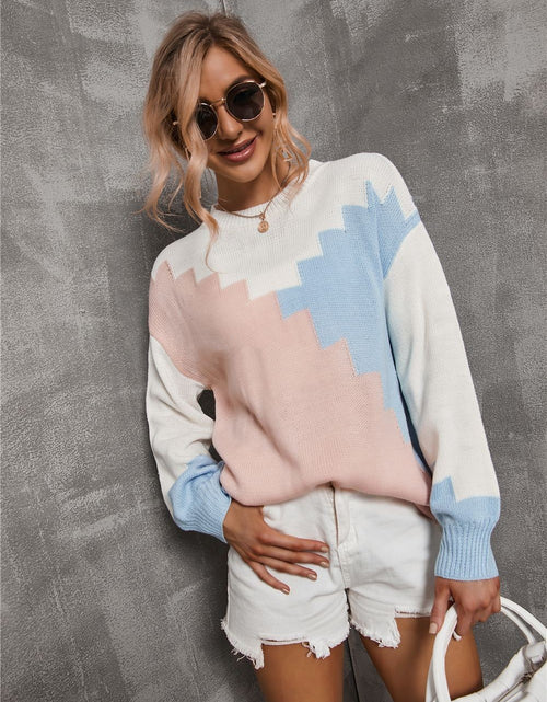 Load image into Gallery viewer, Patchwork Round Neck Plus Size Loose Sweater Long Sleeve Sweater
