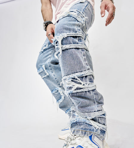 High Street Trousers Man's Pants Full Length Patched Straight Fit Men's Hip Hop Jeans