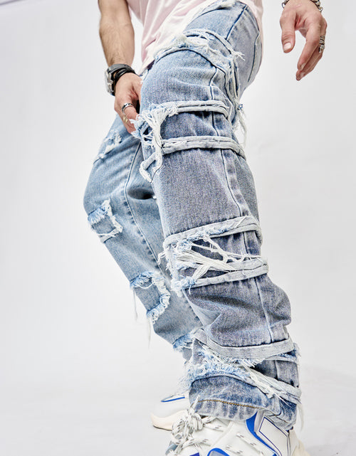 Load image into Gallery viewer, High Street Trousers Man&#39;s Pants Full Length Patched Straight Fit Men&#39;s Hip Hop Jeans
