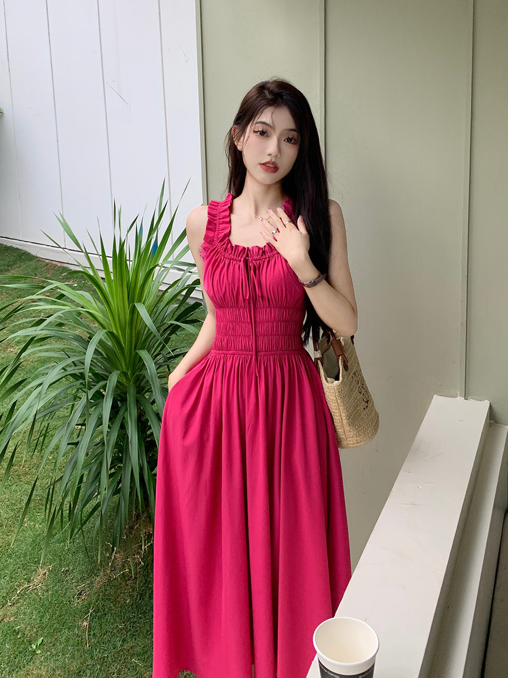 Women's Retro Suspender Dress Rose Red