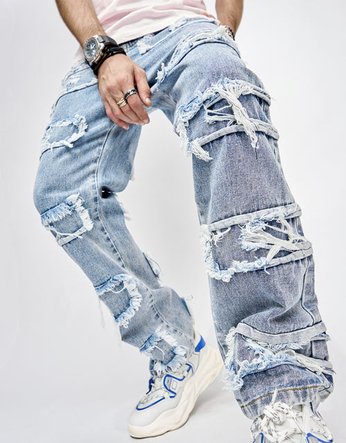 Load image into Gallery viewer, High Street Trousers Man&#39;s Pants Full Length Patched Straight Fit Men&#39;s Hip Hop Jeans
