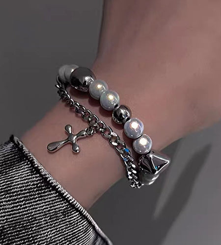 Fashion Jewelry Double-layer Reflective Pearl Cross Bracelet