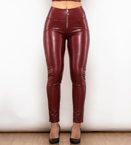 Shascullfites Melody Red Leather High Waist Pants With Ring Zipper Scrunch Bum Leather Leggings Women Sexy Pants