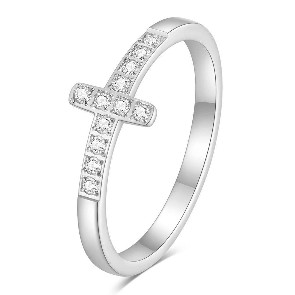 Simple Style Diamond 304 Titanium Steel Cross Ring Female Temperament Wild Vintage