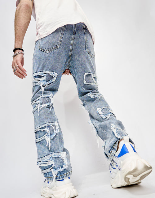 Load image into Gallery viewer, High Street Trousers Man&#39;s Pants Full Length Patched Straight Fit Men&#39;s Hip Hop Jeans
