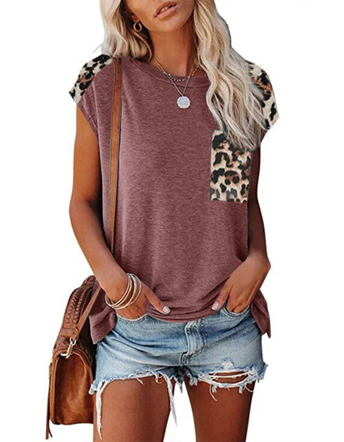 Load image into Gallery viewer, Women&#39;s Round Neck Stitching Leopard Print Pocket Raglan Sleeve Casual T-shirt
