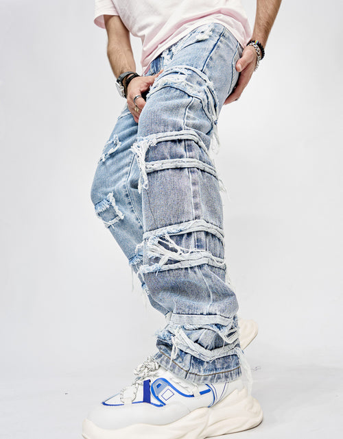 Load image into Gallery viewer, High Street Trousers Man&#39;s Pants Full Length Patched Straight Fit Men&#39;s Hip Hop Jeans
