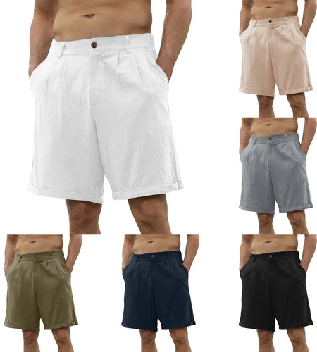 Men's Cotton And Linen Casual Beach Button Stretch Shorts