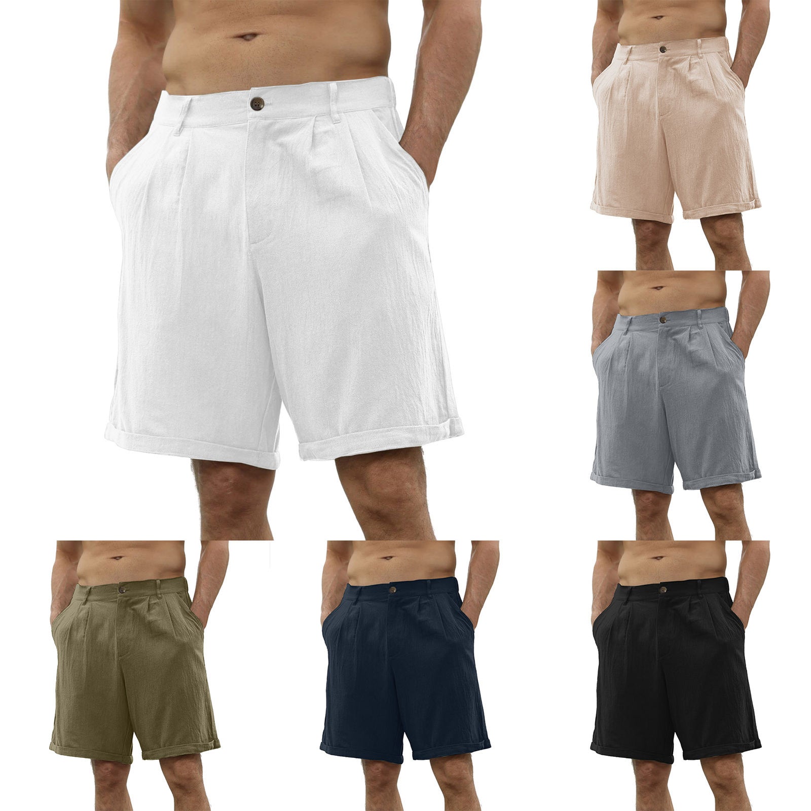 Men's Cotton And Linen Casual Beach Button Stretch Shorts