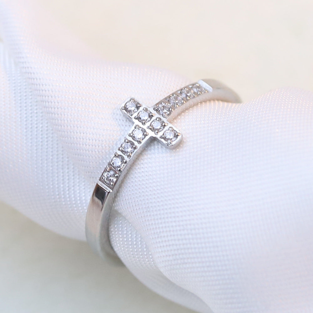 Simple Style Diamond 304 Titanium Steel Cross Ring Female Temperament Wild Vintage