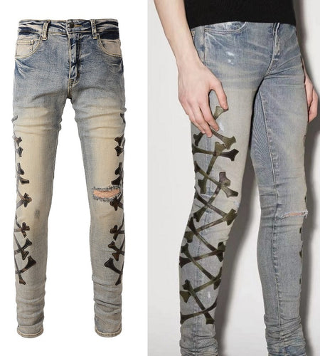 Men's Fashion Holes Bone Pattern Leather Stretch Skinny Jeans
