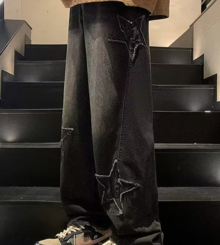 American Retro High Street Washed Loose Design Straight-leg Pants