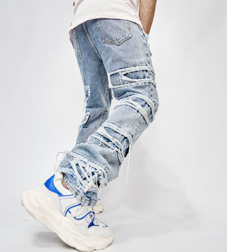 High Street Trousers Man's Pants Full Length Patched Straight Fit Men's Hip Hop Jeans