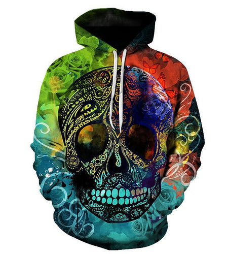 European And American Foreign Trade 3D Color Skull Printed Hood Pocket Pullover Sweater