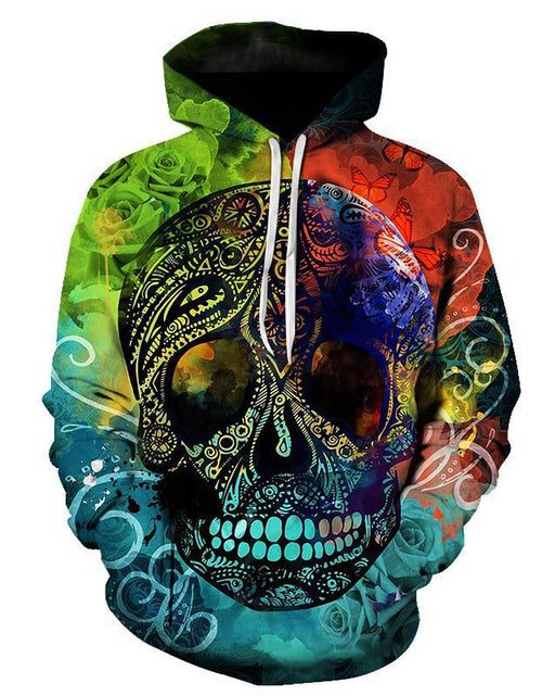 Load image into Gallery viewer, European And American Foreign Trade 3D Color Skull Printed Hood Pocket Pullover Sweater
