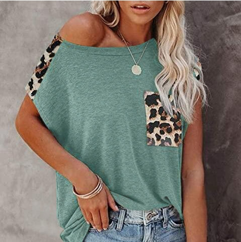 Load image into Gallery viewer, Women&#39;s Round Neck Stitching Leopard Print Pocket Raglan Sleeve Casual T-shirt
