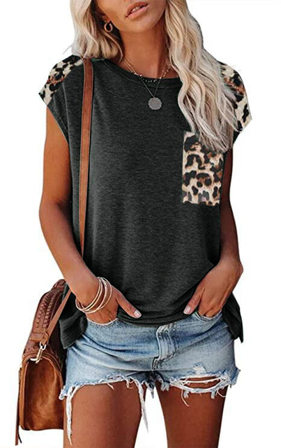 Load image into Gallery viewer, Women&#39;s Round Neck Stitching Leopard Print Pocket Raglan Sleeve Casual T-shirt
