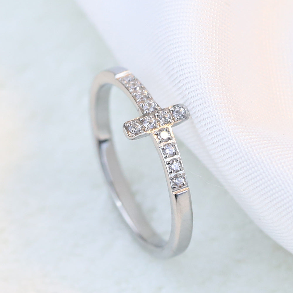 Simple Style Diamond 304 Titanium Steel Cross Ring Female Temperament Wild Vintage