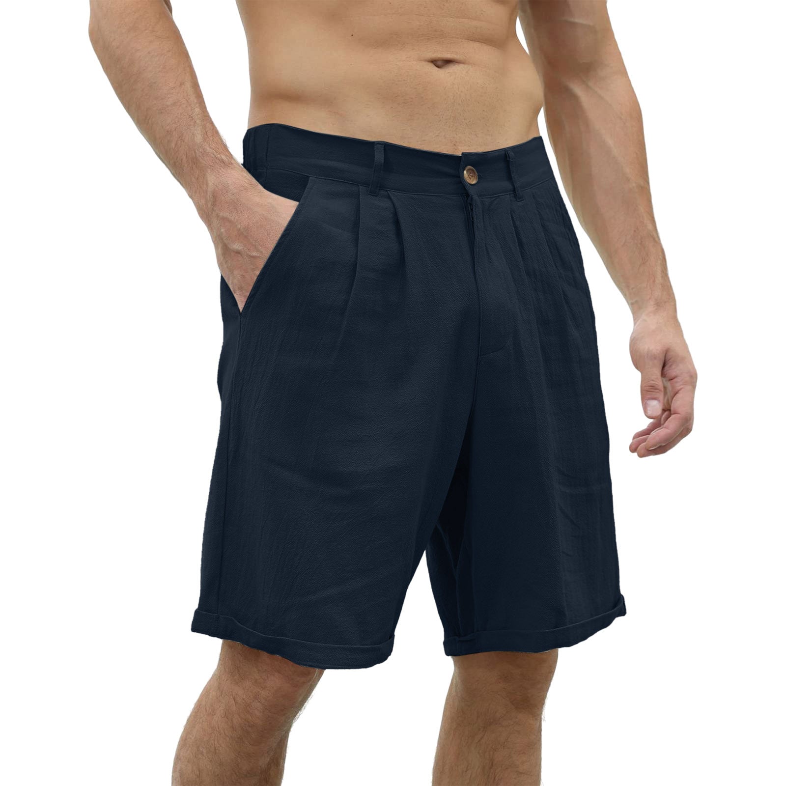 Men's Cotton And Linen Casual Beach Button Stretch Shorts