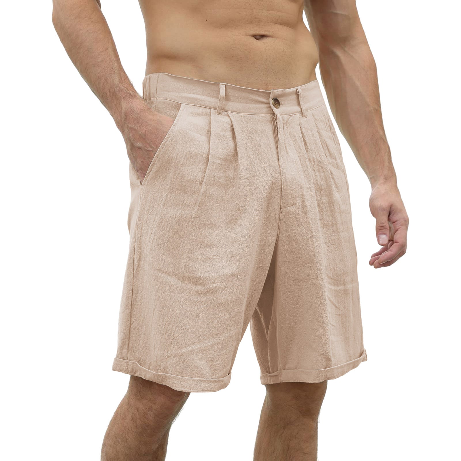 Men's Cotton And Linen Casual Beach Button Stretch Shorts