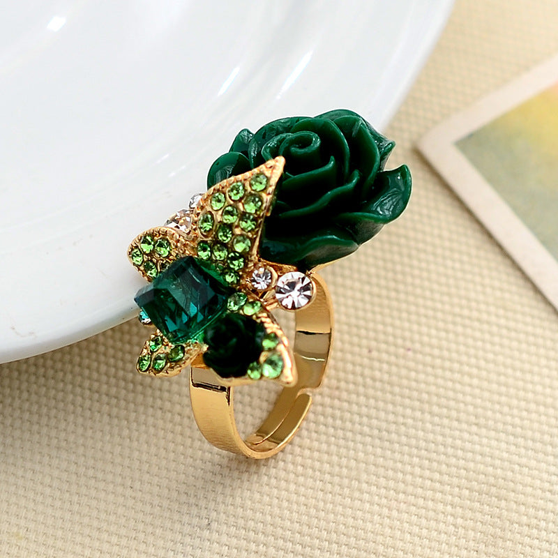 Full Diamond Crystal Rose Flower Ring