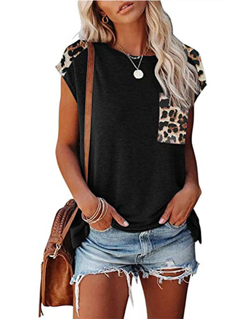 Load image into Gallery viewer, Women&#39;s Round Neck Stitching Leopard Print Pocket Raglan Sleeve Casual T-shirt
