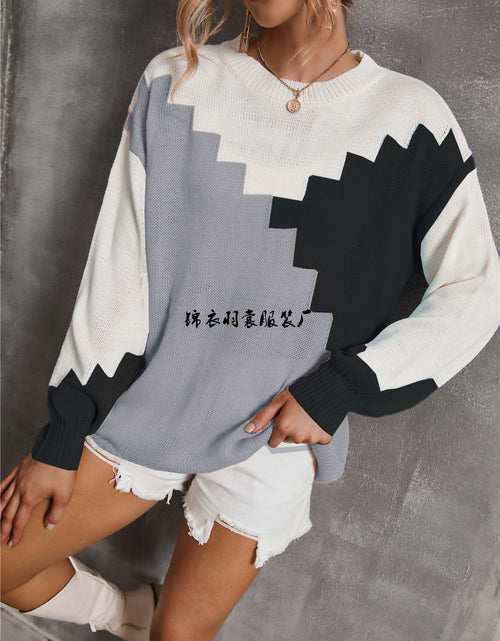 Load image into Gallery viewer, Patchwork Round Neck Plus Size Loose Sweater Long Sleeve Sweater
