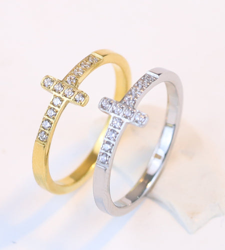 Simple Style Diamond 304 Titanium Steel Cross Ring Female Temperament Wild Vintage