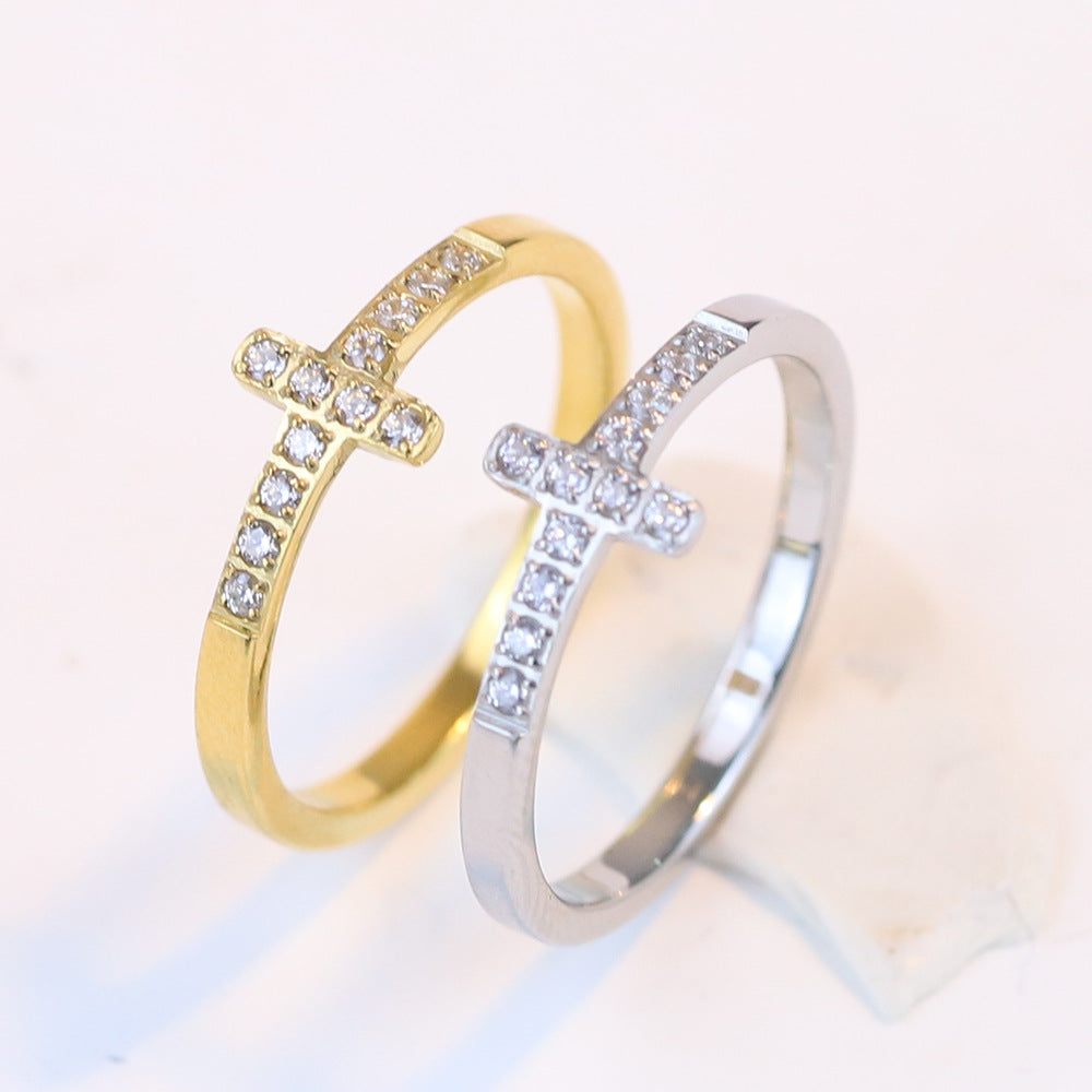 Simple Style Diamond 304 Titanium Steel Cross Ring Female Temperament Wild Vintage