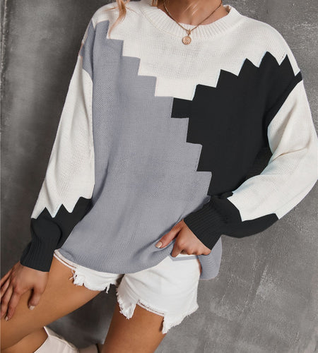 Patchwork Round Neck Plus Size Loose Sweater Long Sleeve Sweater