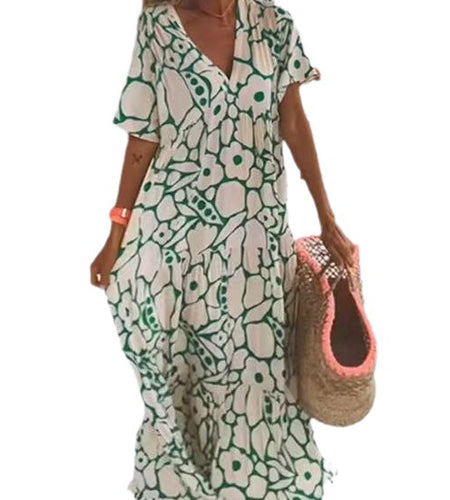 Women's Printed Short-sleeved Deep V-neck Long Dress