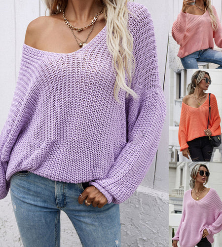 Women's Fashion Casual Solid Color Pullover V-neck Sweater