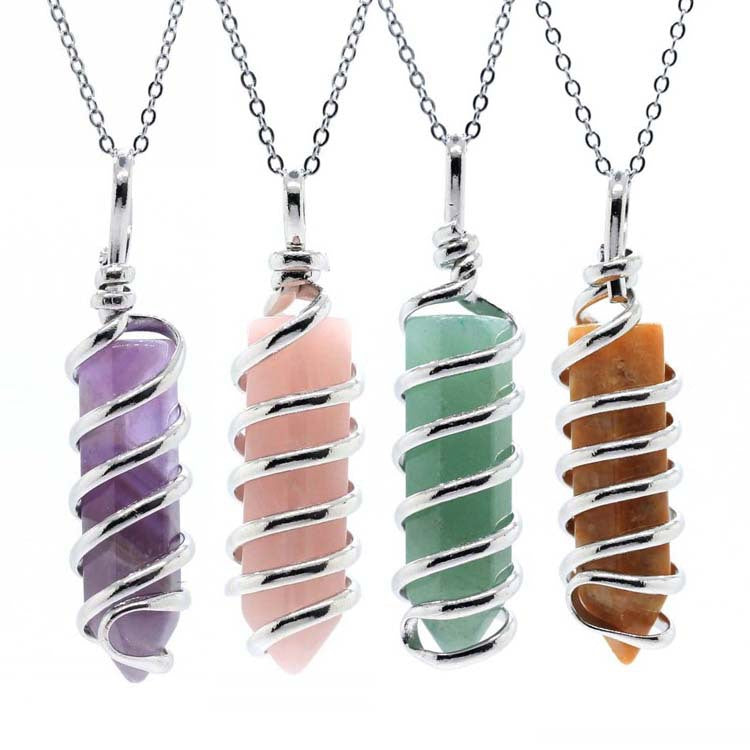 New Natural Crystal Hexagonal Pillar Spiral Hand Wound Pendant Necklace