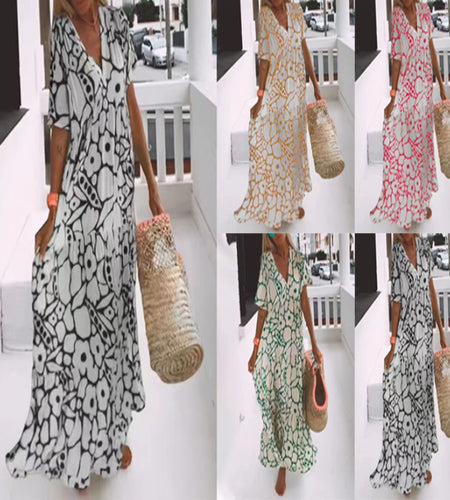 Women's Printed Short-sleeved Deep V-neck Long Dress