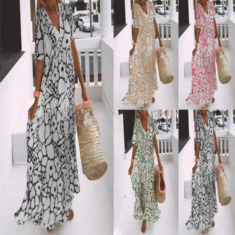 Women's Printed Short-sleeved Deep V-neck Long Dress