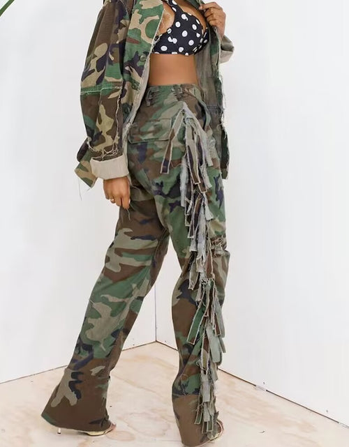 Load image into Gallery viewer, Women&#39;s Fashion Camouflage On Side Tassel Large Pocket Button Trousers
