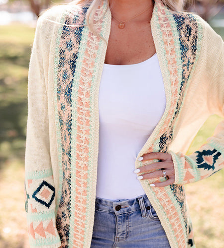 Beige Printing Cardigan Sweater Women's Loose Long Sleeve
