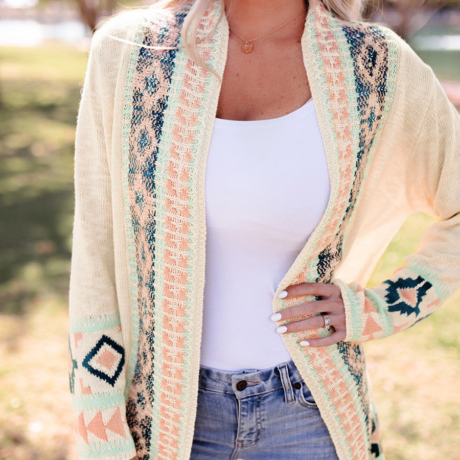 Beige Printing Cardigan Sweater Women's Loose Long Sleeve