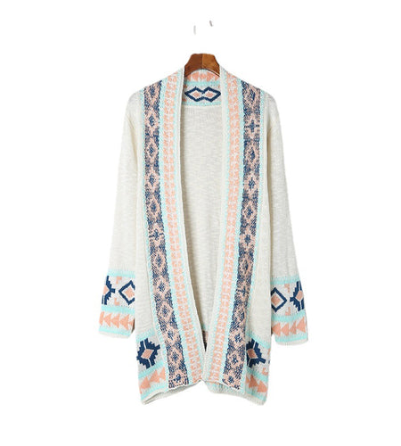 Beige Printing Cardigan Sweater Women's Loose Long Sleeve