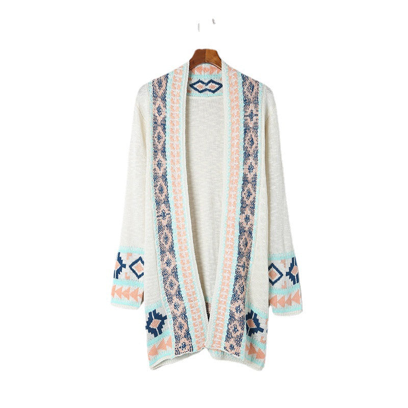 Beige Printing Cardigan Sweater Women's Loose Long Sleeve